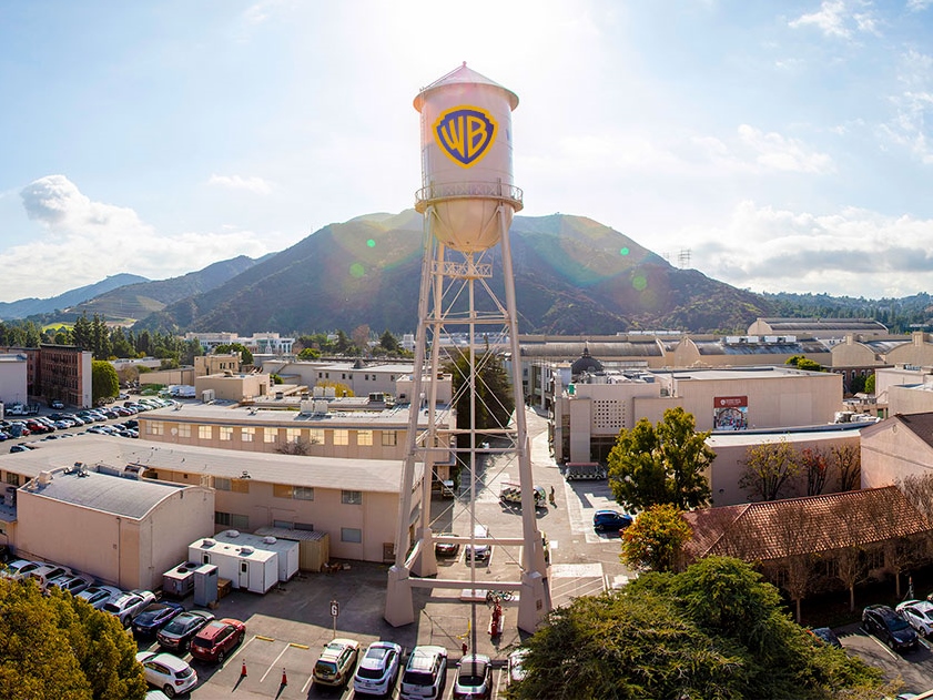The tower, parking lot, and sound stages at Warner Brothers studio in Burbank, CA.