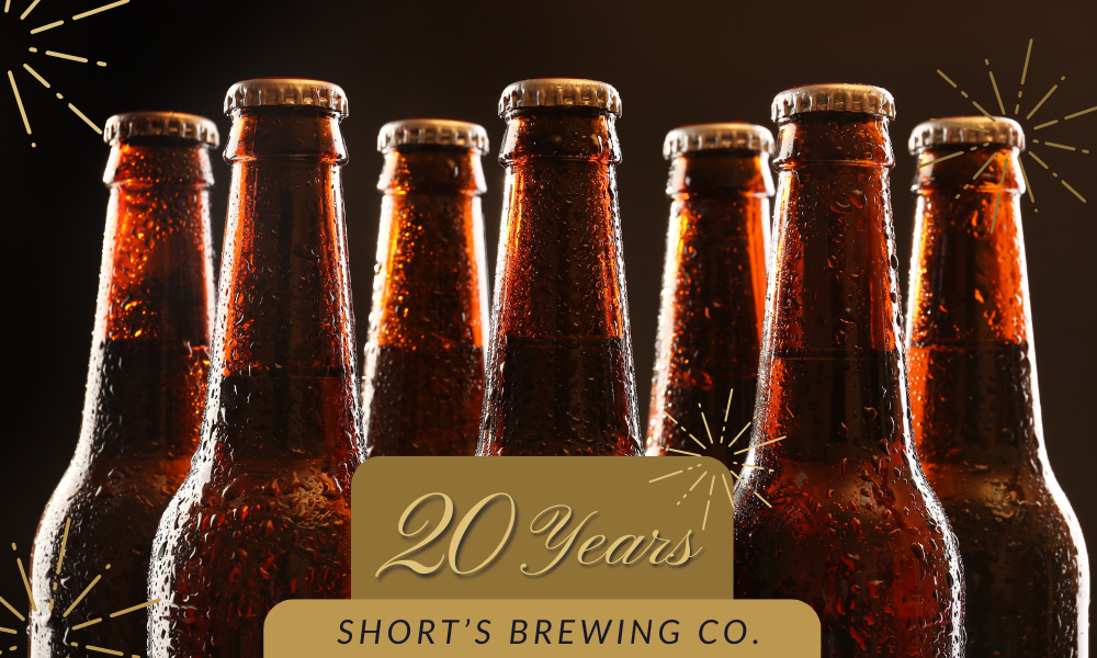 a group of beer bottles with text title 20 years Short’s Brewing Co.