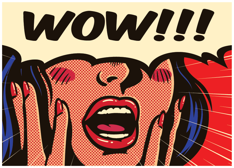 comic book styled image of a woman with her hands on her cheeks saying ‘wow!!’