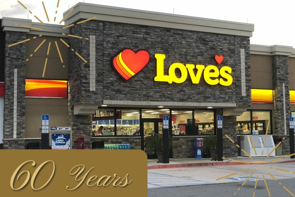 Love's gas station with 60 years written on the image.