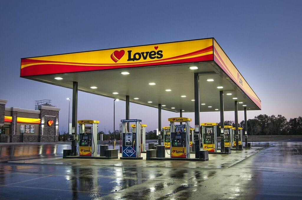 pumps at love's gas station in the rain.