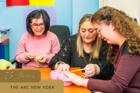 Women with intellectual disabilities learning to knit.