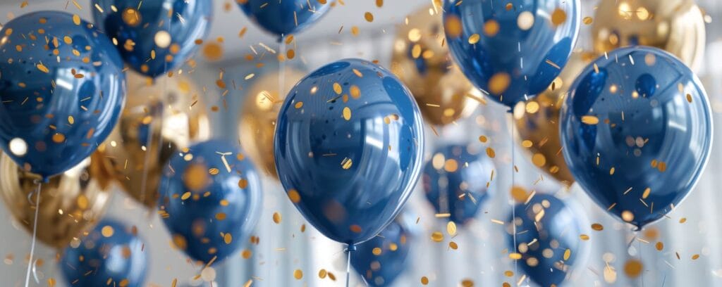 blue and gold balloons to celebrate a small business anniversary