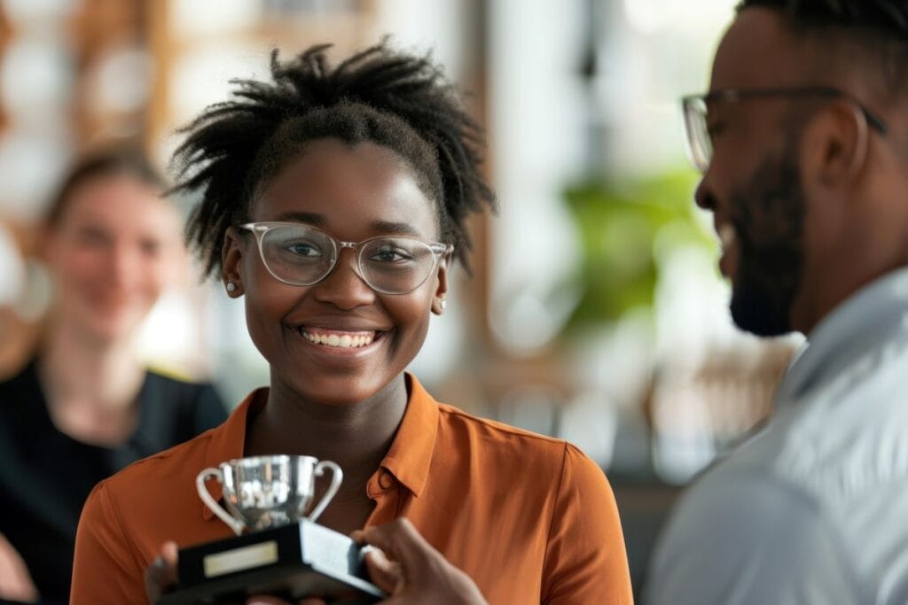 Employee receiving an award during an anniversary celebration.