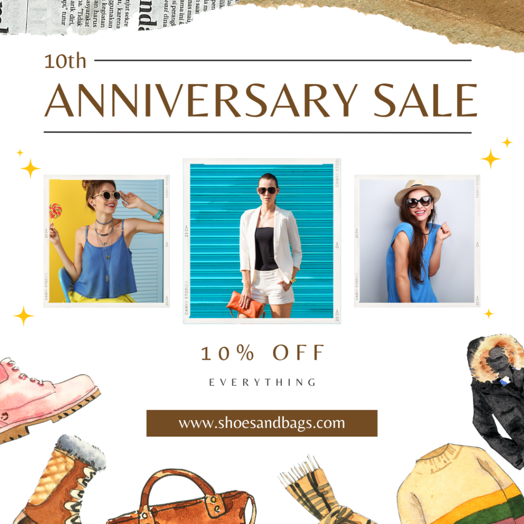 social media post for 10 year business anniversary celebration offering 10 percent off everything