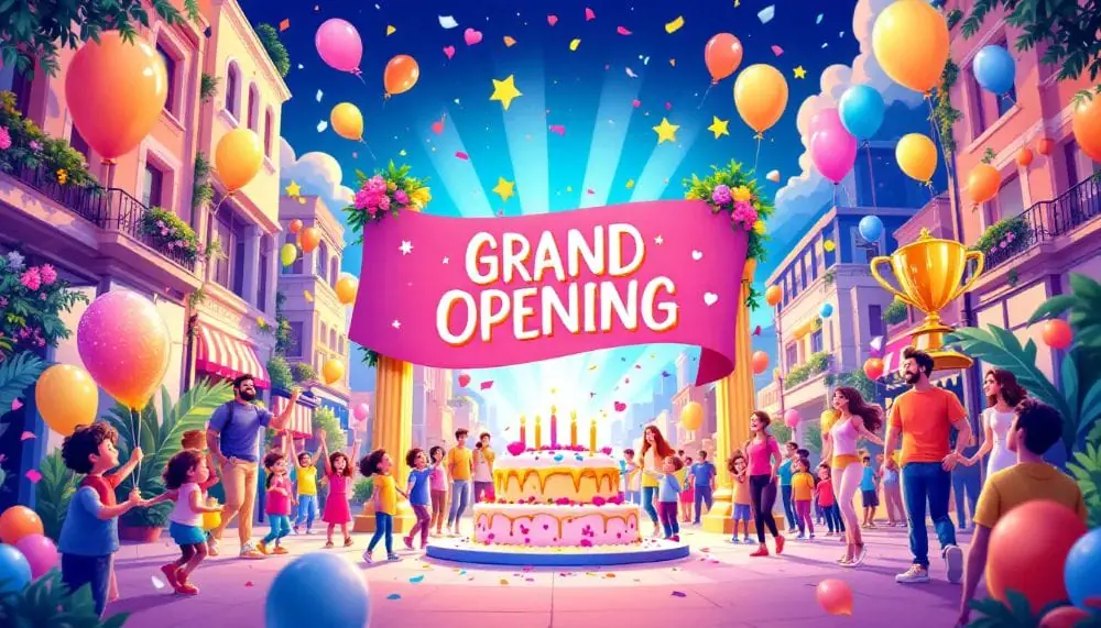 people celebrating in the street with a large cake and grand opening banner